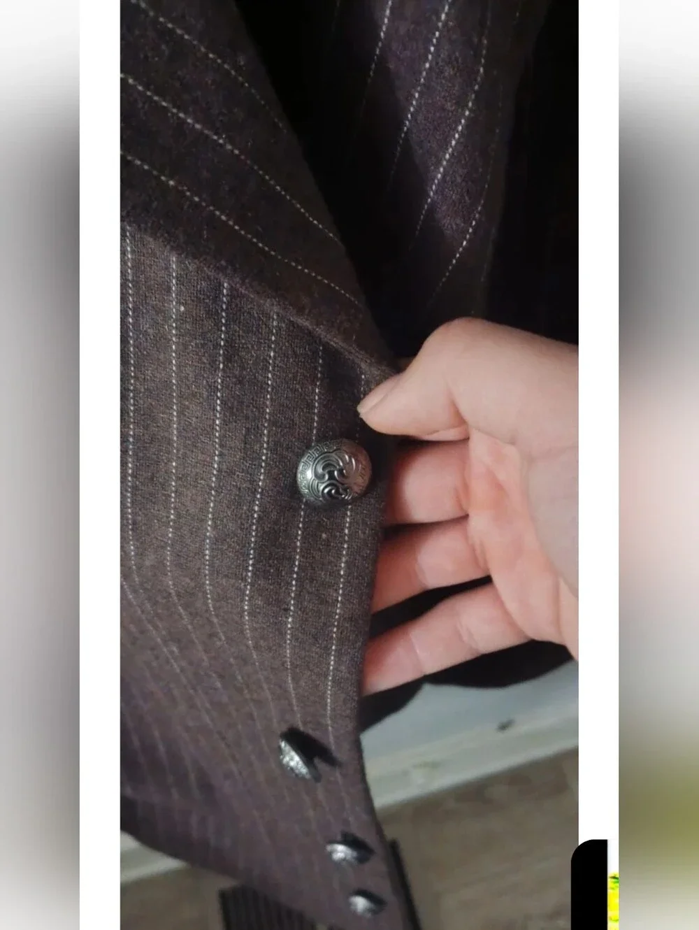 Frontier Classics Tucson Coat Men Size 42 Wool Silver Buttons Brown Pinstripe